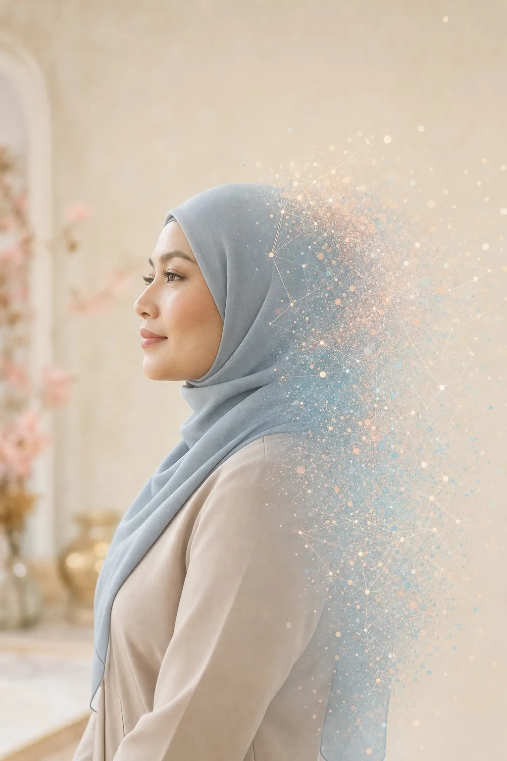 A woman in a pale blue hijab, seen from the side, with soft points of light drifting from her shoulder like a quiet second self