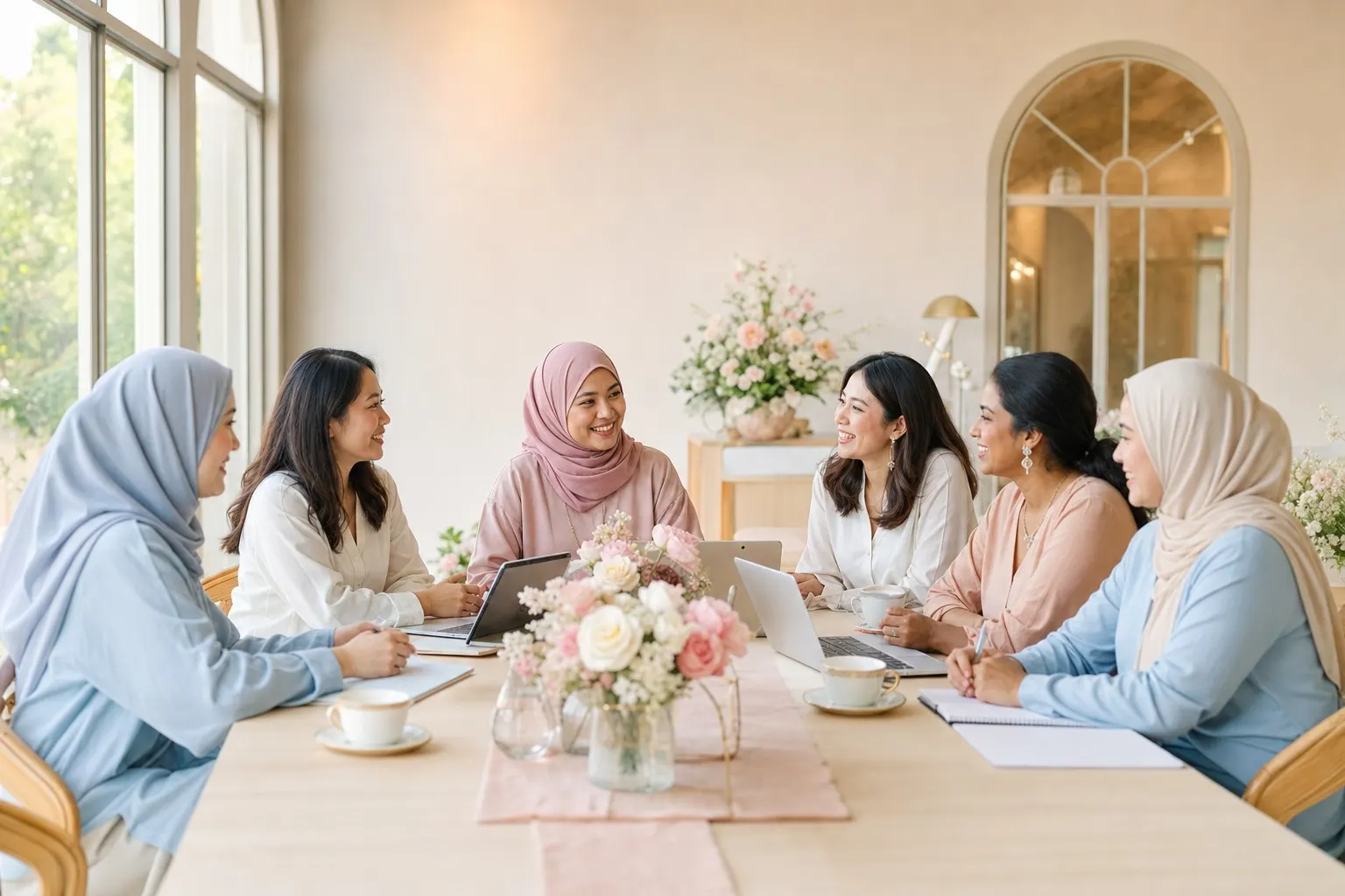 Women working together around a table with laptops and tea