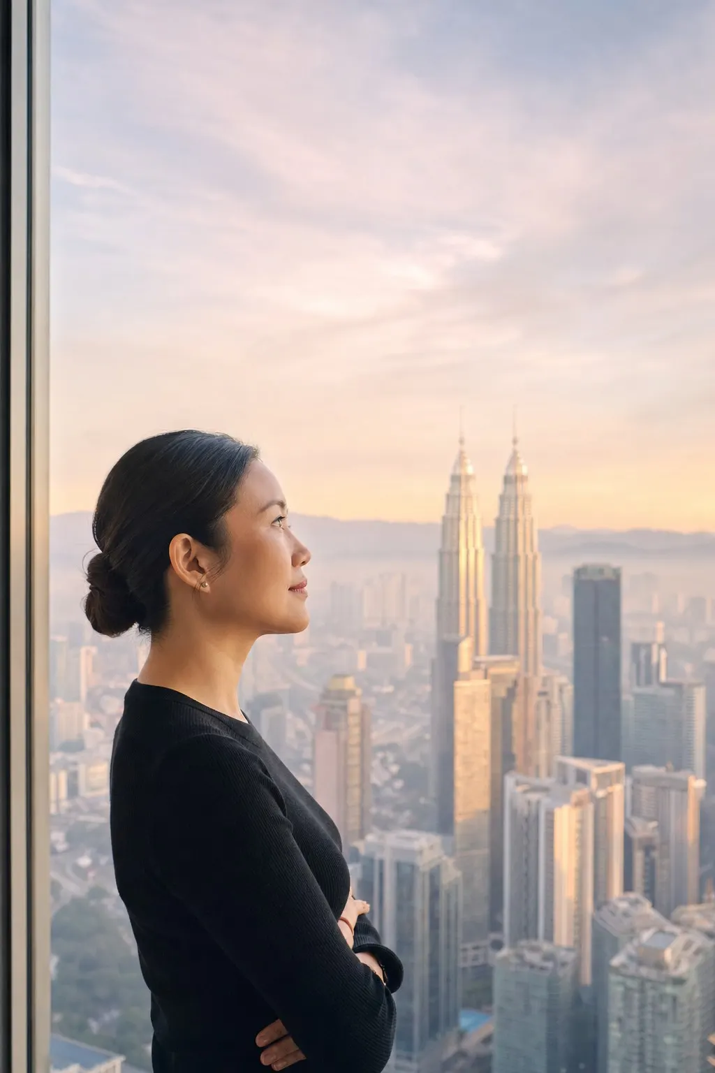 A woman with her hair tied back looks out of a high window at the Kuala Lumpur skyline in the morning light