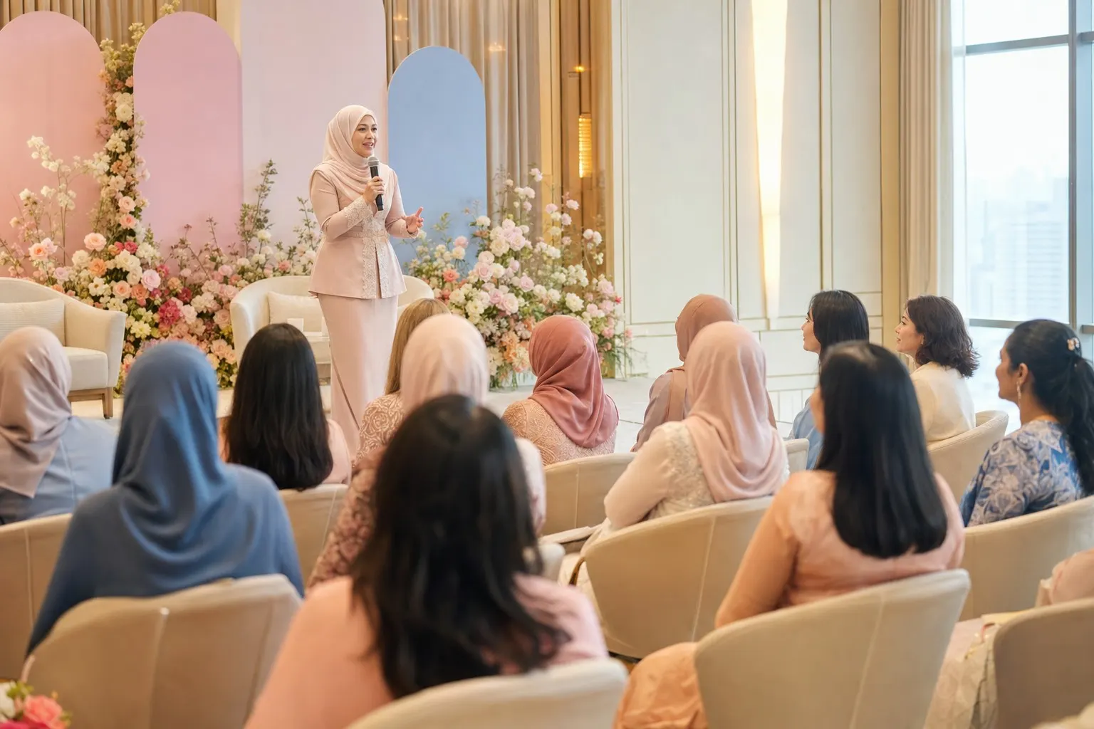 A woman in a blush hijab speaking on a small stage to a room of women