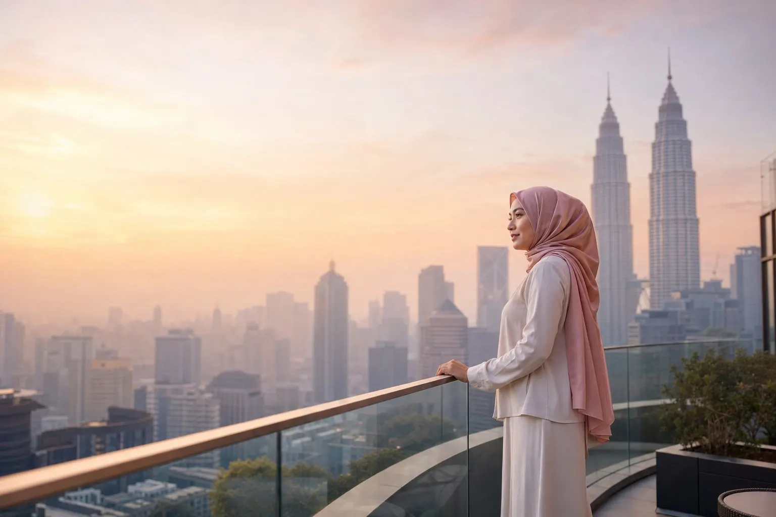 A woman in a dusty-rose hijab looks out over the Kuala Lumpur skyline and the Petronas Twin Towers at sunrise