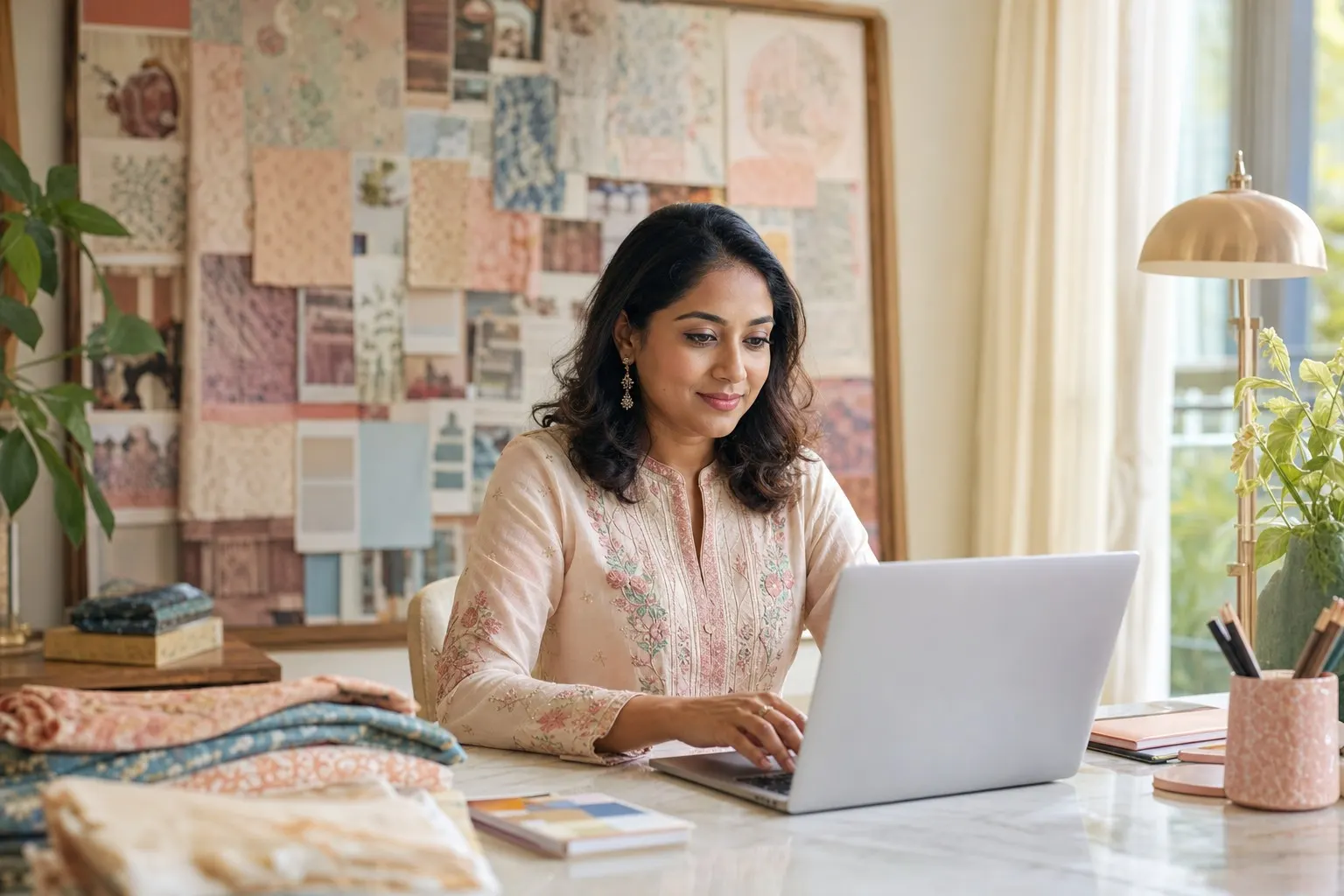 A woman working at her laptop in a bright textile design studio
