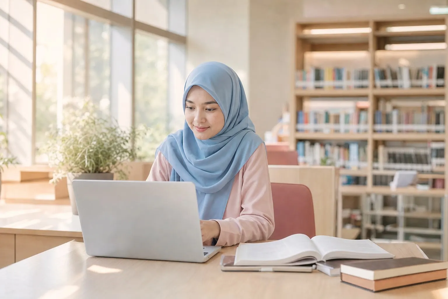 A young woman in a blue hijab studying with a laptop in a bright library