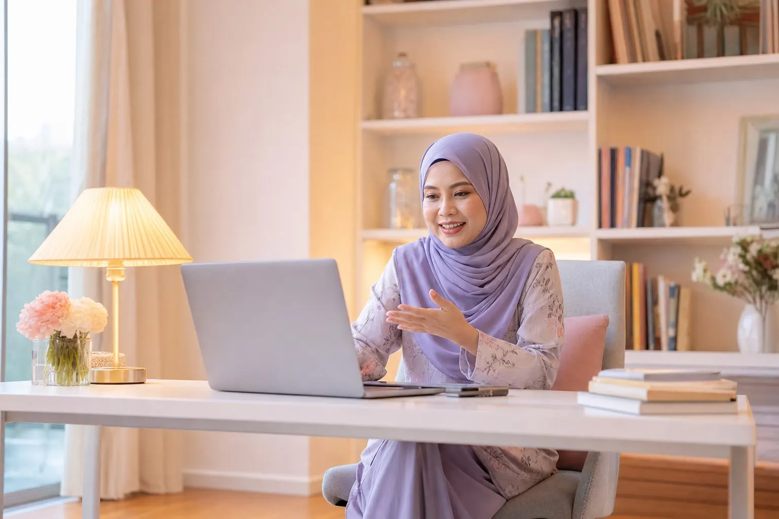 A woman in a lavender hijab speaking in an online session