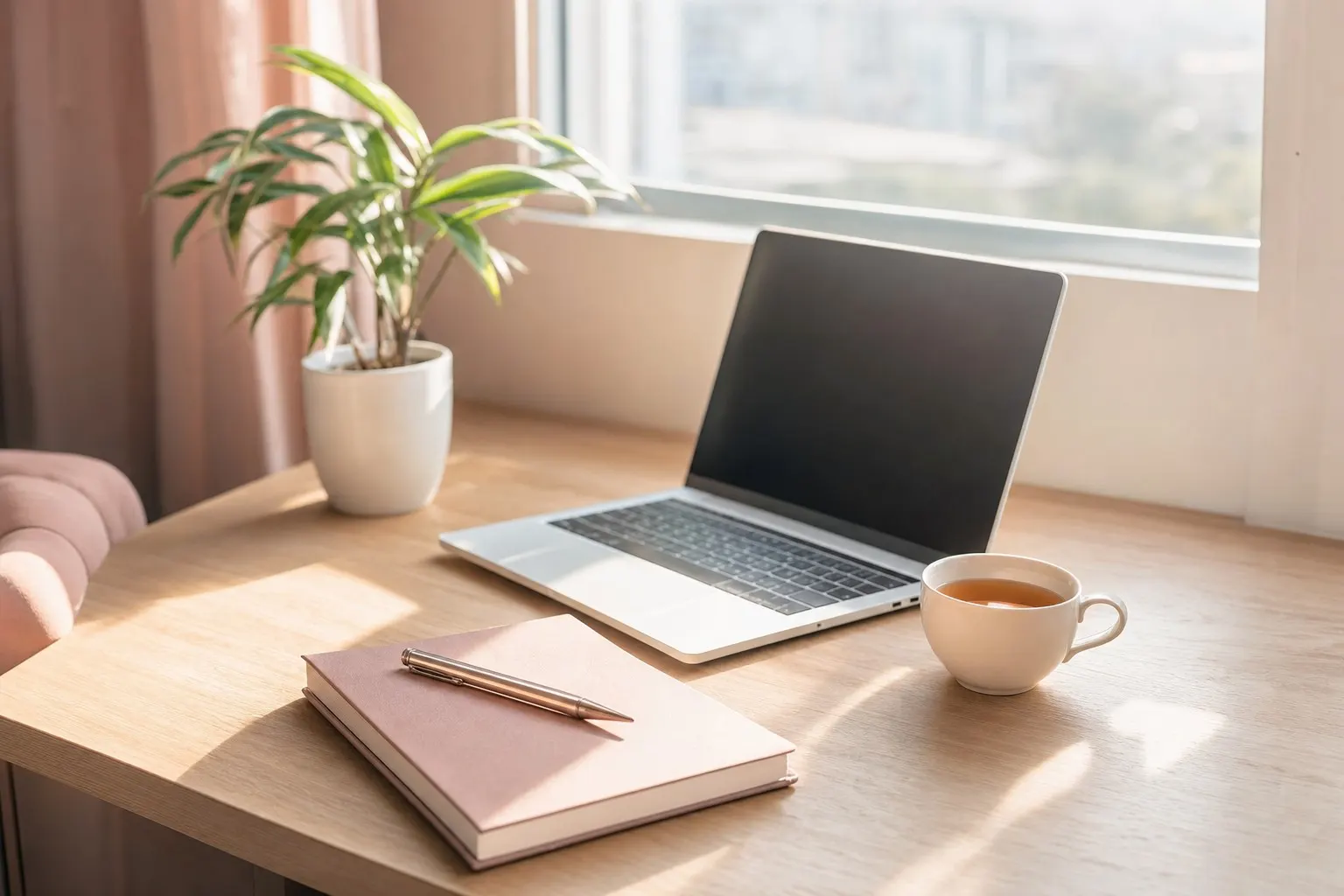 A calm desk by a window with a laptop, a cup of tea, a pink notebook and a green plant